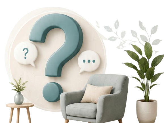 FAQ 3D illustration with a green armchair and question mark